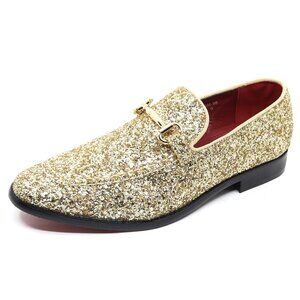 Gold Glitter Men's Vintage Designer Classic Smoking Dress Tuxedo Loafers Shoes